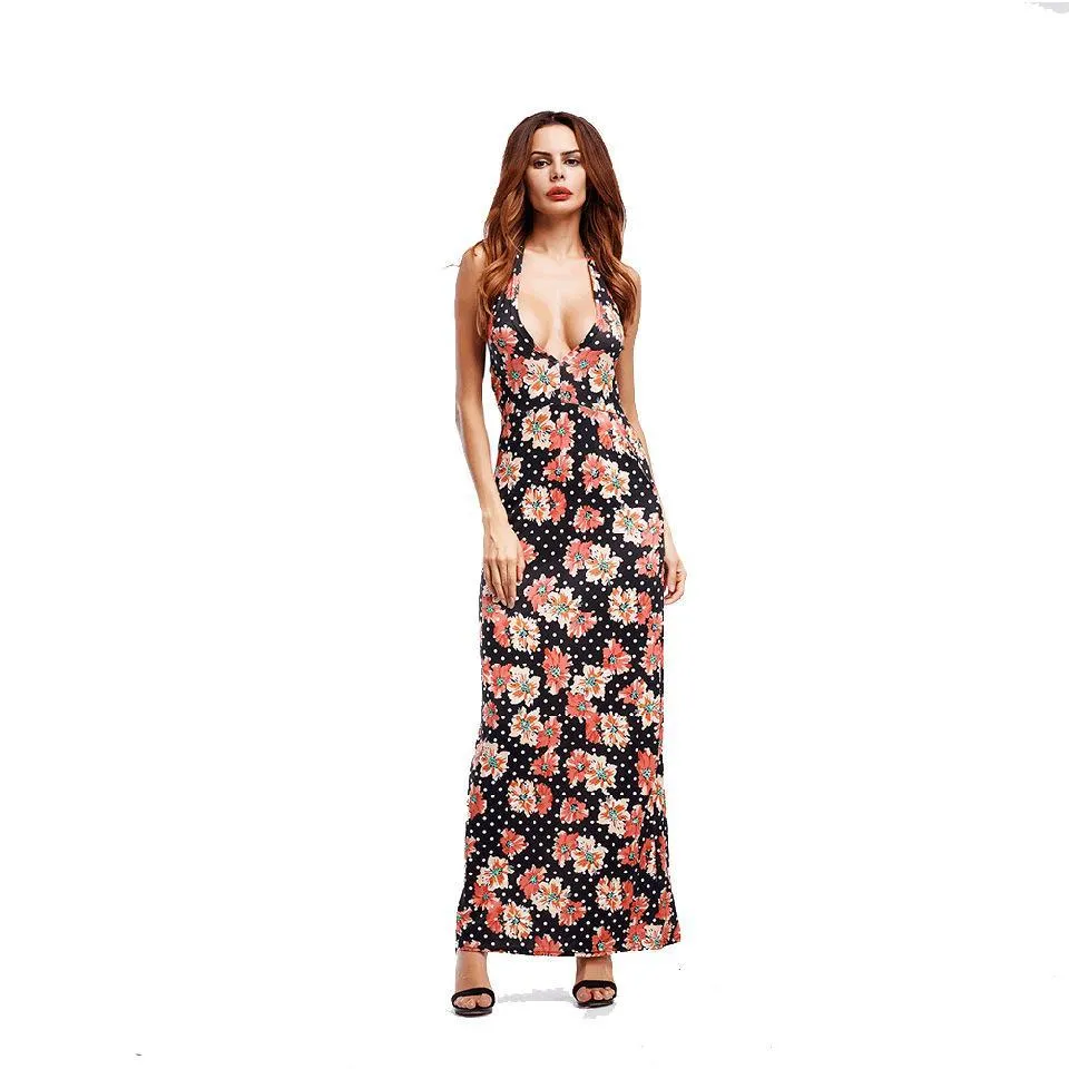 Floral Print Spaghetti Strap Beach Maxi Long Dress