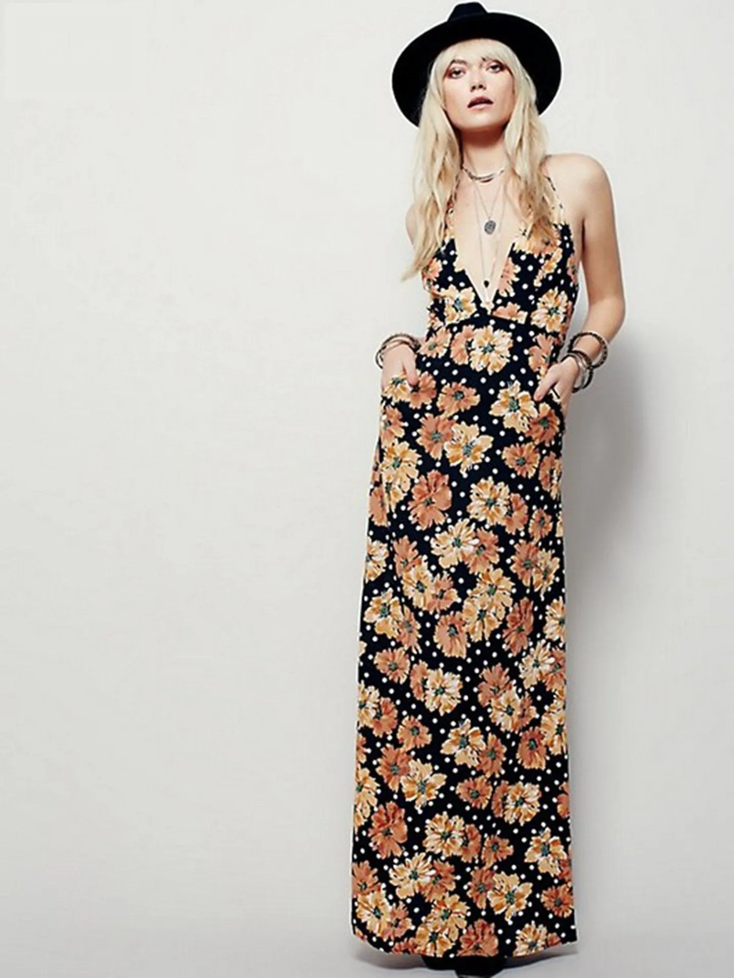 Floral Print Spaghetti Strap Beach Maxi Long Dress