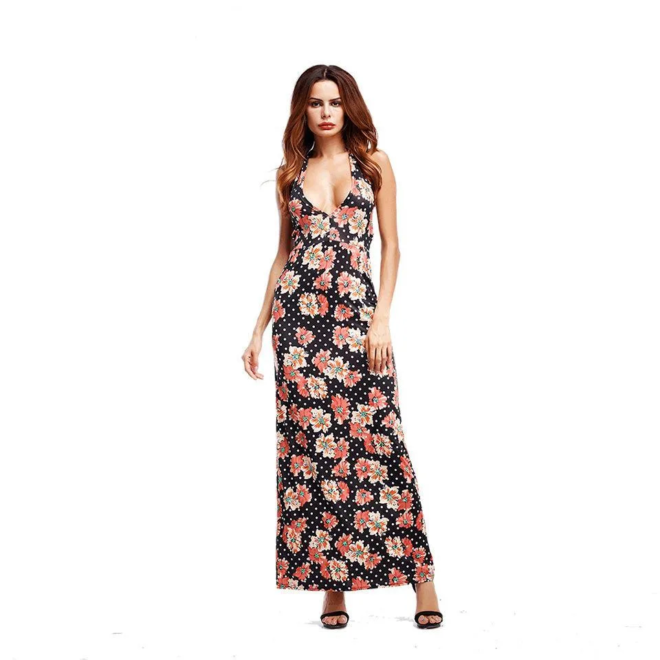 Floral Print Spaghetti Strap Beach Maxi Long Dress