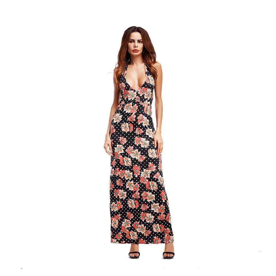 Floral Print Spaghetti Strap Beach Maxi Long Dress