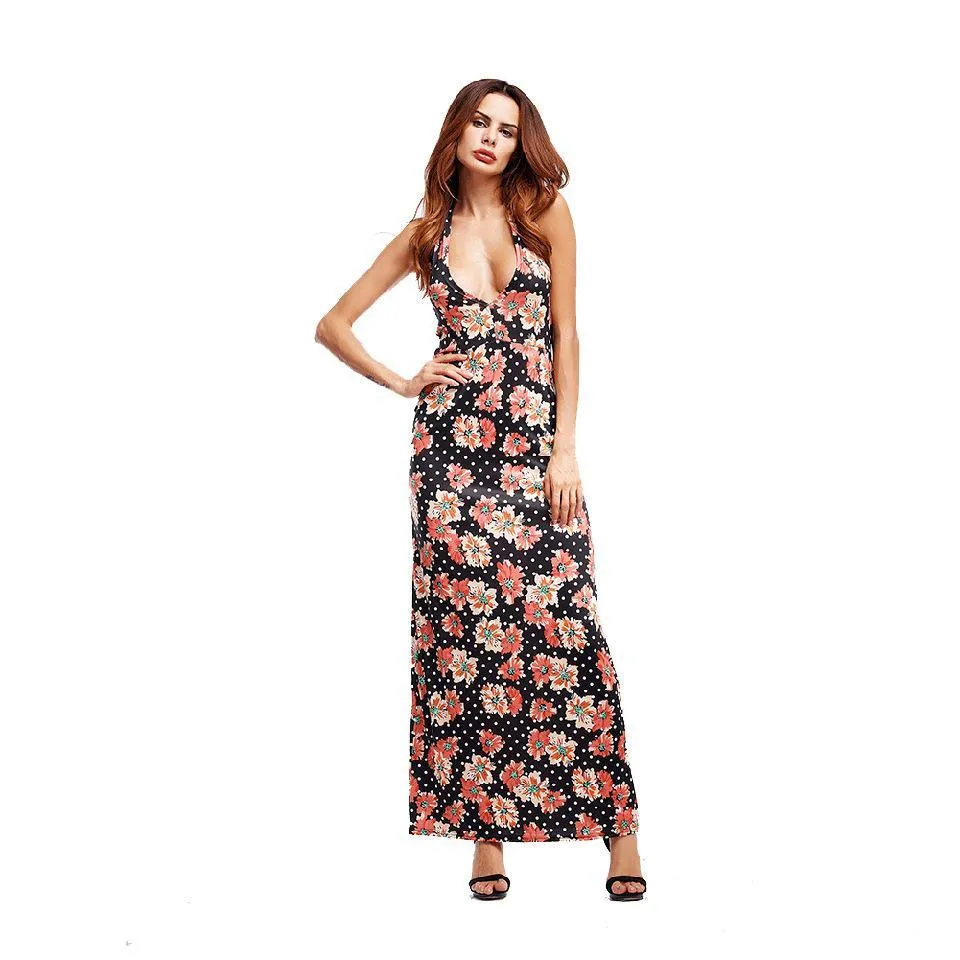 Floral Print Spaghetti Strap Beach Maxi Long Dress