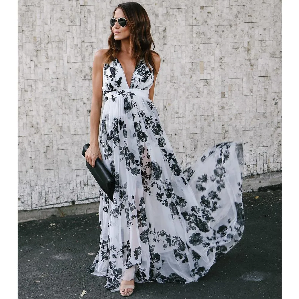 Floral Print V Neck Spaghetti Strap Bohemia Beach Maxi Dress