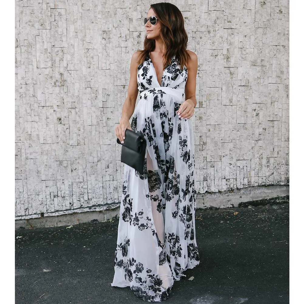 Floral Print V Neck Spaghetti Strap Bohemia Beach Maxi Dress