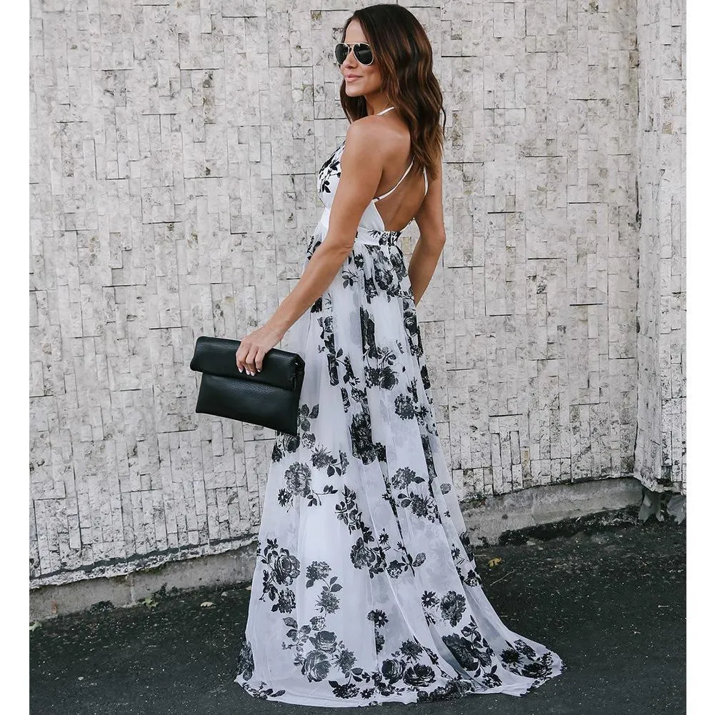 Floral Print V Neck Spaghetti Strap Bohemia Beach Maxi Dress