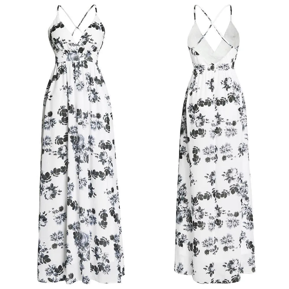 Floral Print V Neck Spaghetti Strap Bohemia Beach Maxi Dress