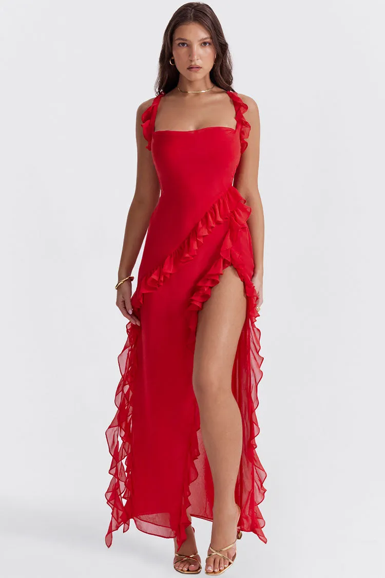 Fluttering Sweetheart Sleeveless High Split Draped Ruffle Maxi Dress - Red