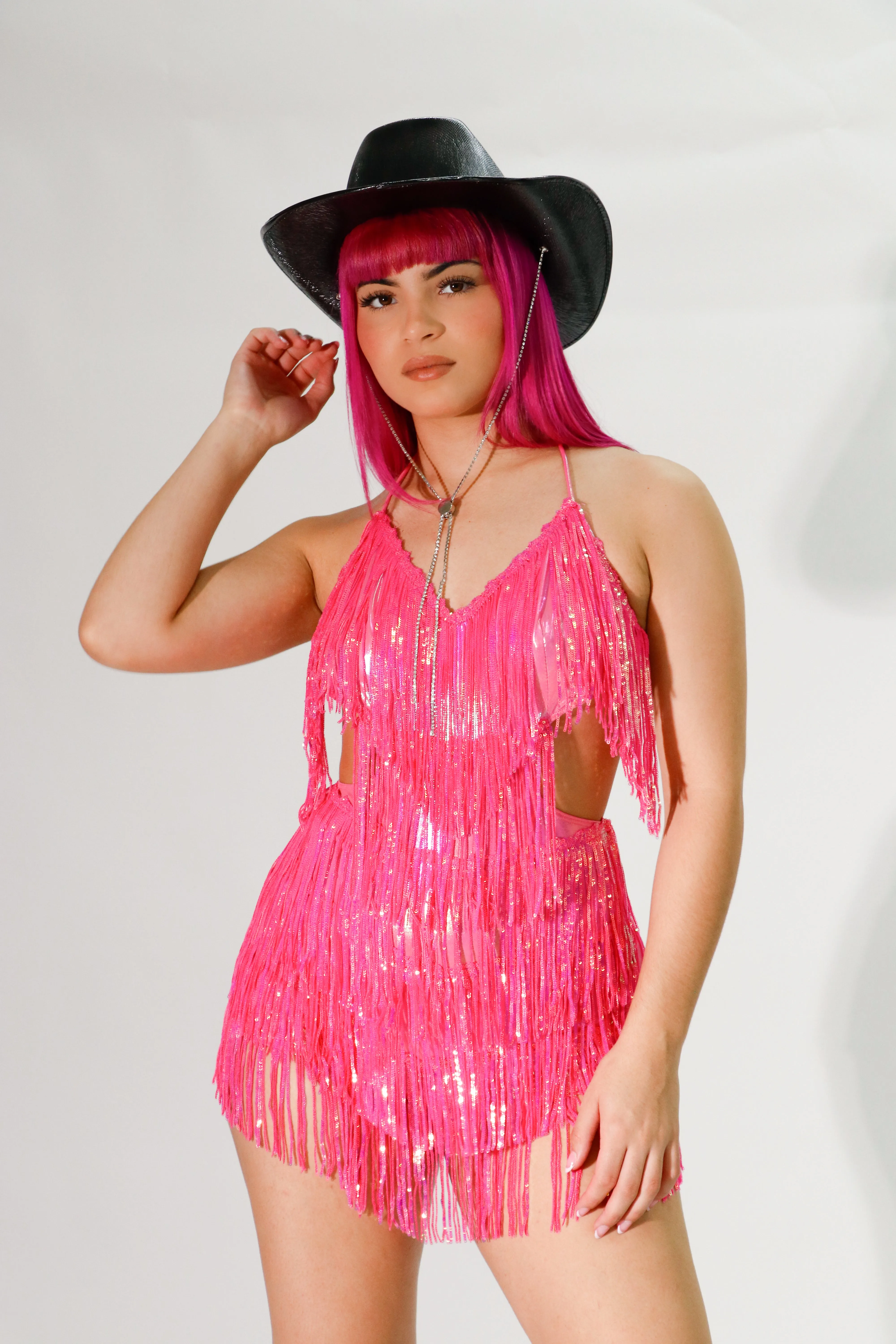 fringe trim hot pink sparkly dress