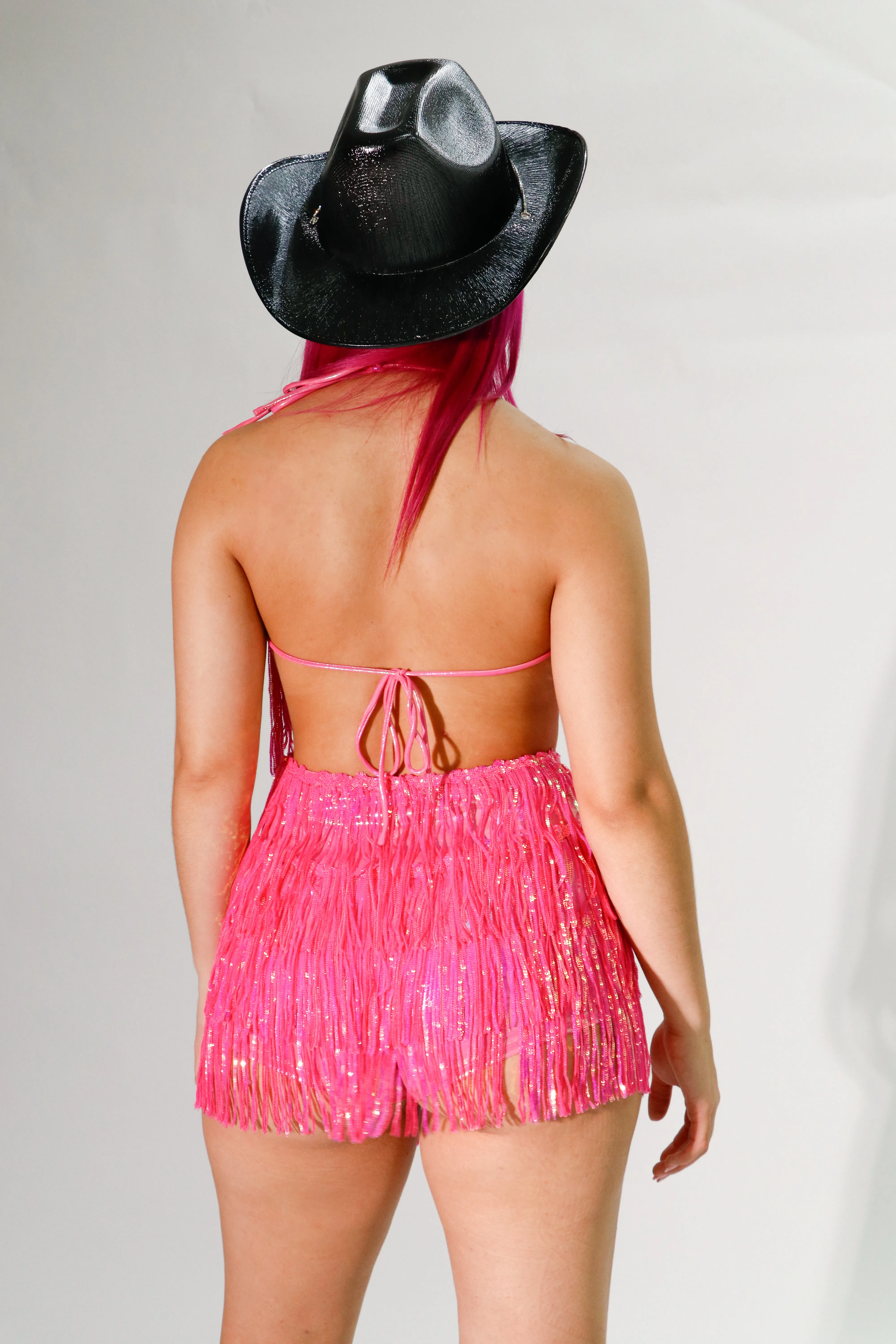 fringe trim hot pink sparkly dress