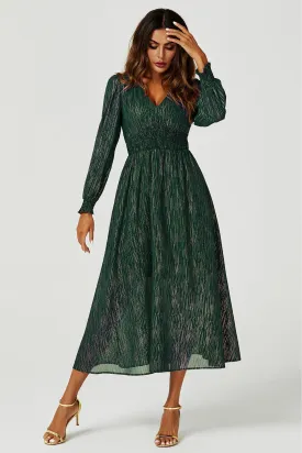 Long-Sleeve Maxi Dress in Green with Gold Foil Stripes from FS Collection