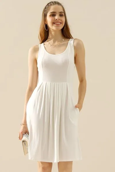 Full Size Round Neck Ruched Sleeveless Dress with Pockets