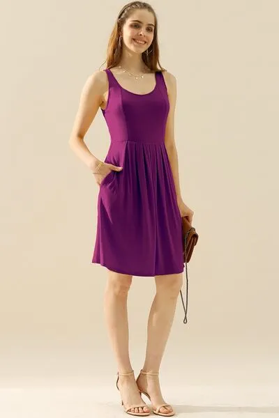 Full Size Round Neck Ruched Sleeveless Dress with Pockets