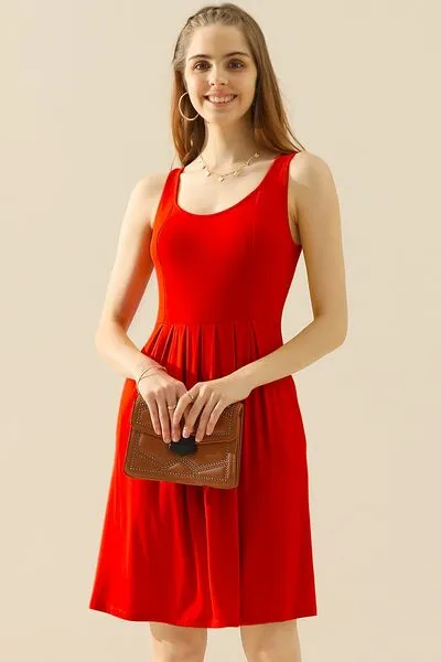 Full Size Round Neck Ruched Sleeveless Dress with Pockets