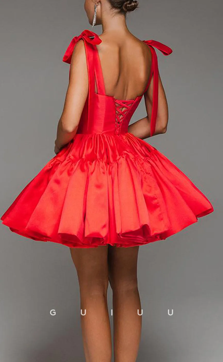 GH620 - Chic & Modern Satin Tiered Ball Gown Homecoming Dress With Bowknot Straps