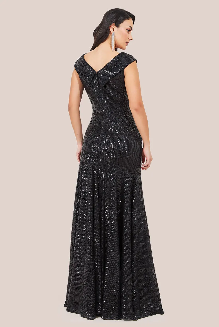 Goddiva Bardot Sequin Pleated Maxi Dress - Black