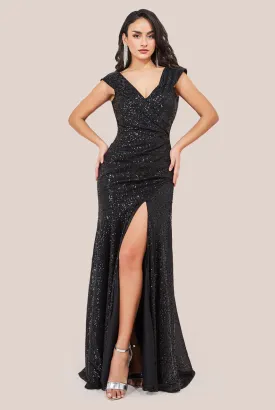 Goddiva Bardot Sequin Pleated Maxi Dress - Black