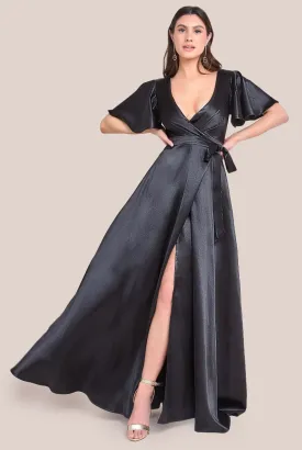 Goddiva Flutter Sleeve Wrapover Satin Maxi Dress - Black