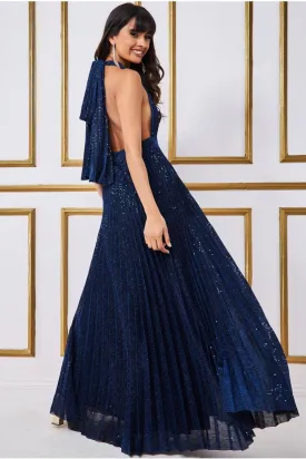 Goddiva Plunge Halterneck Sequin Lurex Maxi - Navy