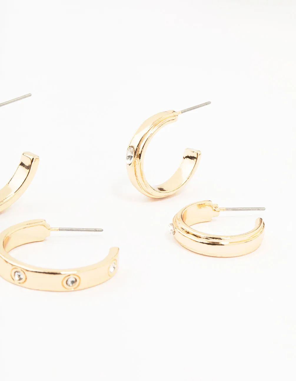 Gold Plated Simple Diamante Hoop Earrings 3-Pack