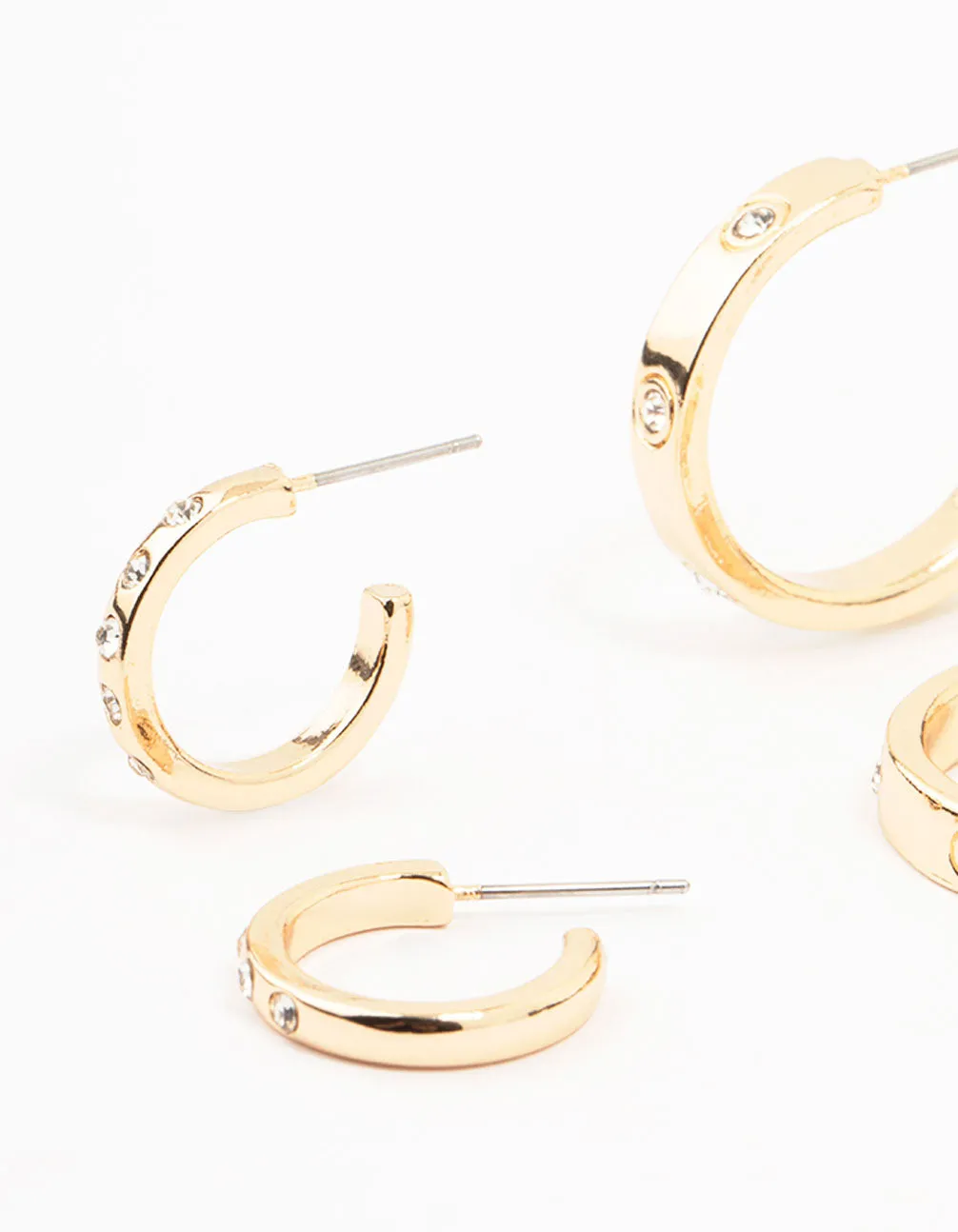 Gold Plated Simple Diamante Hoop Earrings 3-Pack