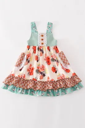 Green floral boots print ruffle dress