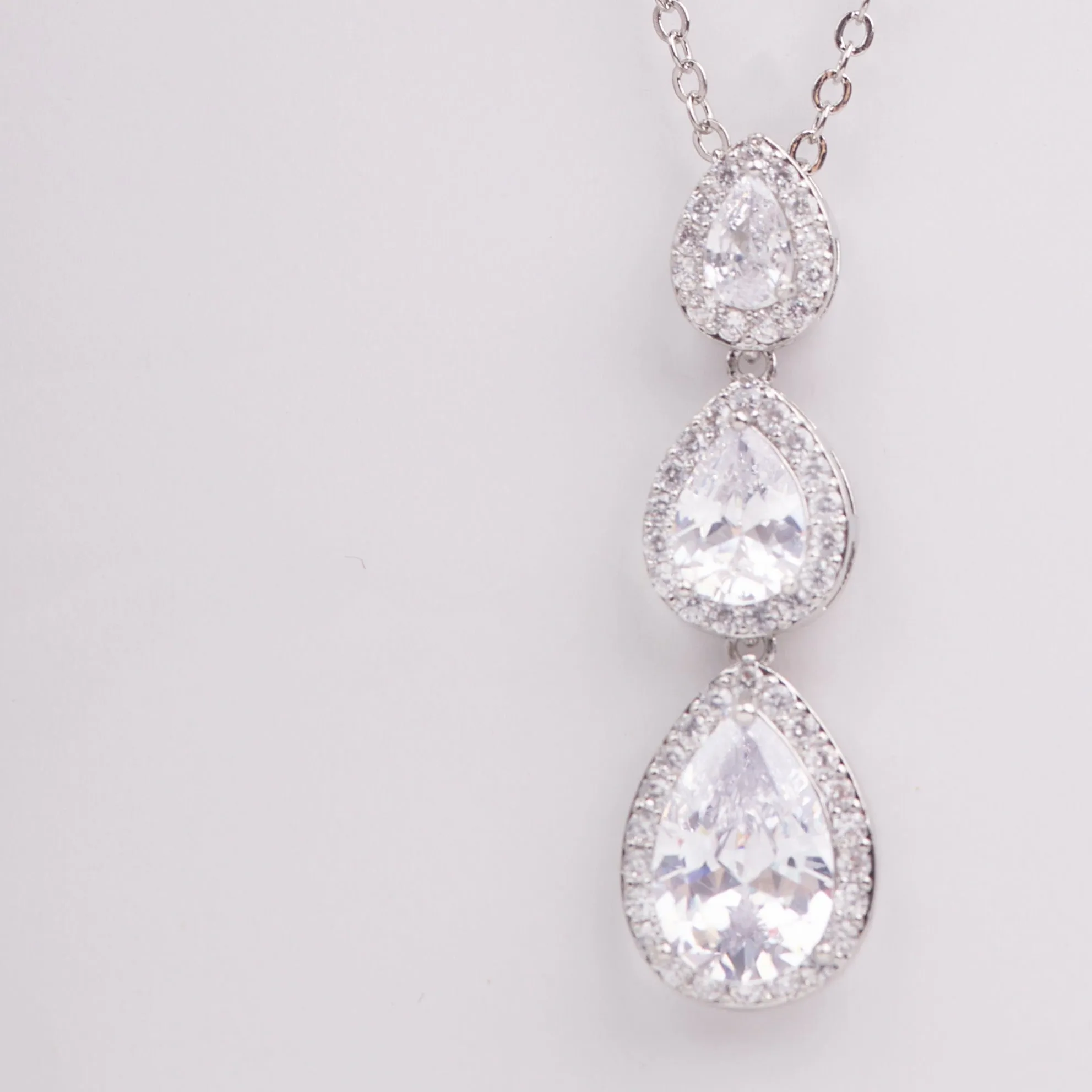 Hadley Triple Halo Teardrops Crystal Bridal Pendant Necklace