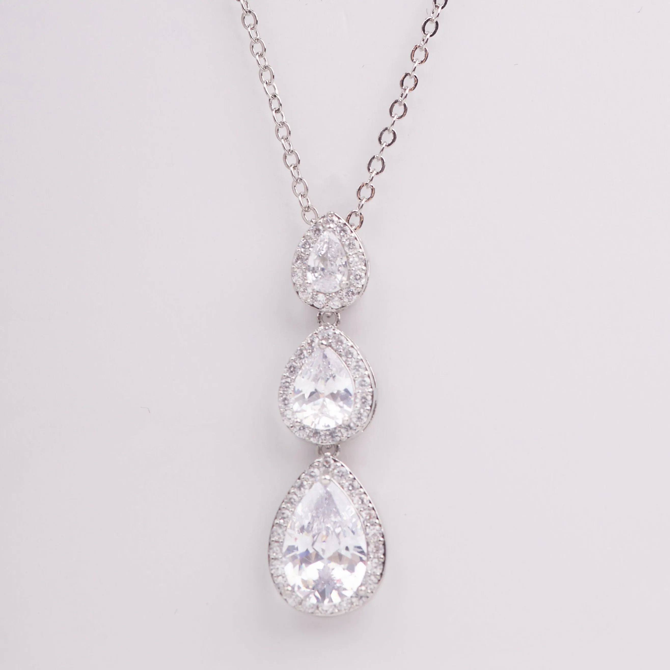 Hadley Triple Halo Teardrops Crystal Bridal Pendant Necklace