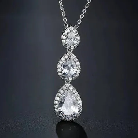 Hadley Triple Halo Teardrops Crystal Bridal Pendant Necklace