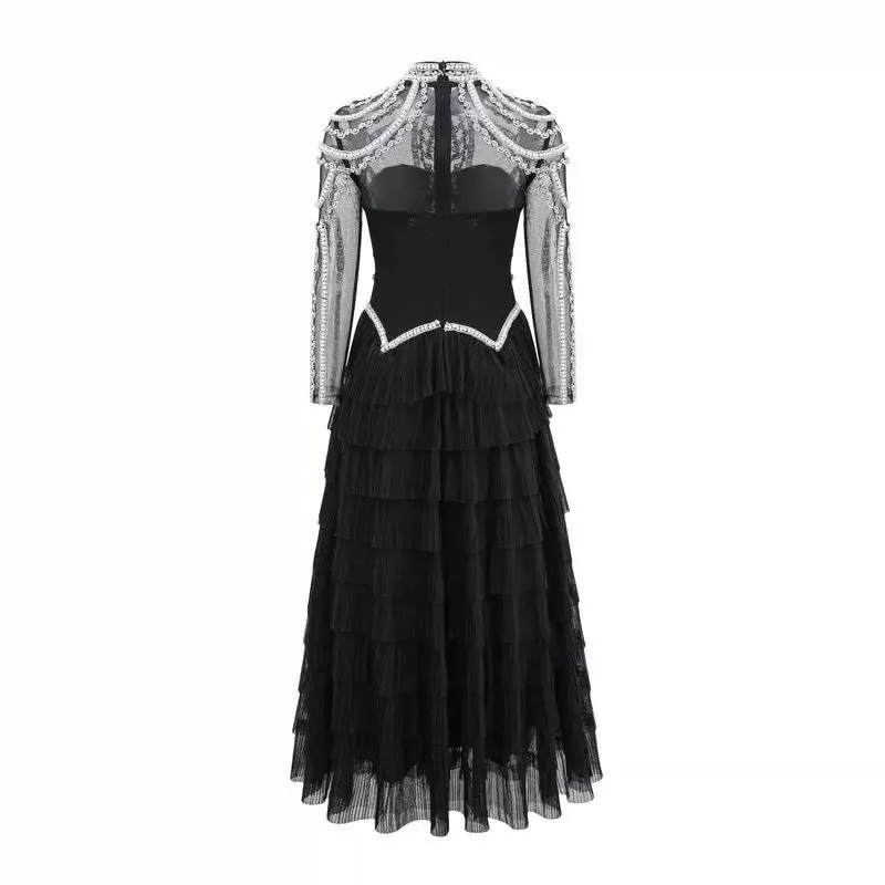 ikearlax 24 New Heavy Goddess Temperament Mesh Handmade Beaded Gorgeous Eye-Catching Banquet Evening Dress Tiered-Ruffle Long Dress