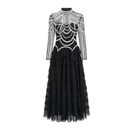 ikearlax 24 New Heavy Goddess Temperament Mesh Handmade Beaded Gorgeous Eye-Catching Banquet Evening Dress Tiered-Ruffle Long Dress