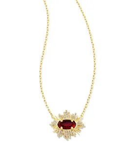 Kendra Scott Grayson Gold Sunburst Frame Short Pendant Necklace in Red Glass