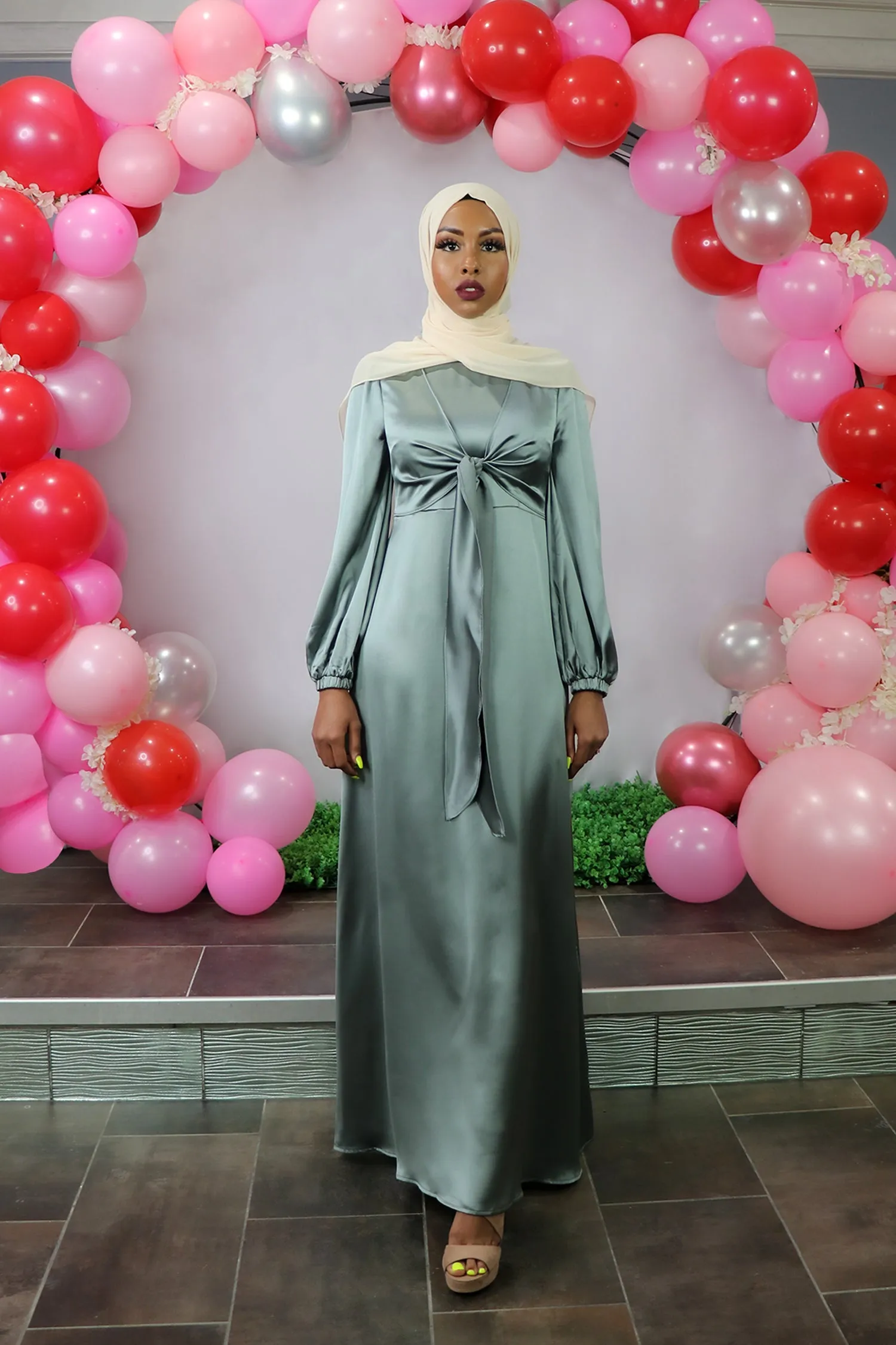 LaMeera Tie Front Satin Dress - Mint Gray