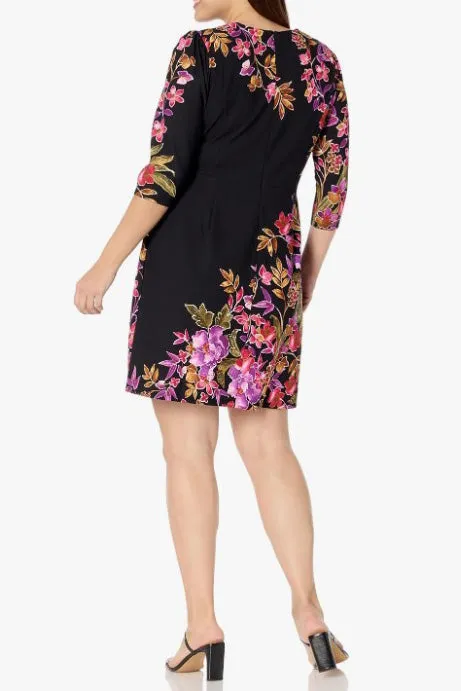 London Times Crew Neck 3/4 Sleeve Floral Print Dress