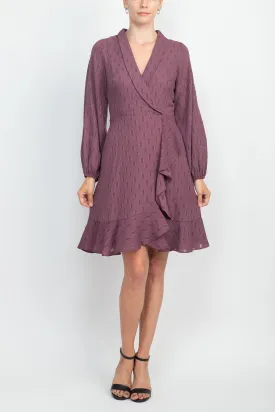 London Times Shawl Collar V-Neck Long Sleeves with Cuffs Back Zipper Ruffled Hem Short Dress