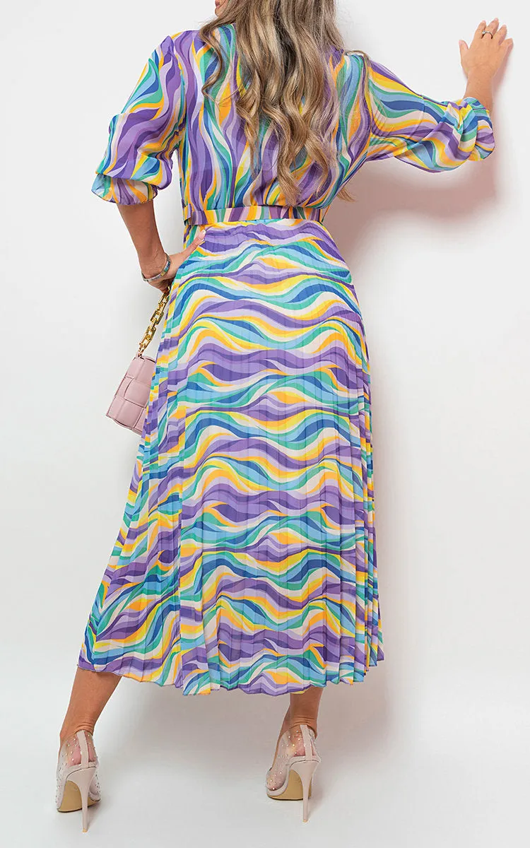 Long Sleeve Printed Maxi Dress with Belt Detail