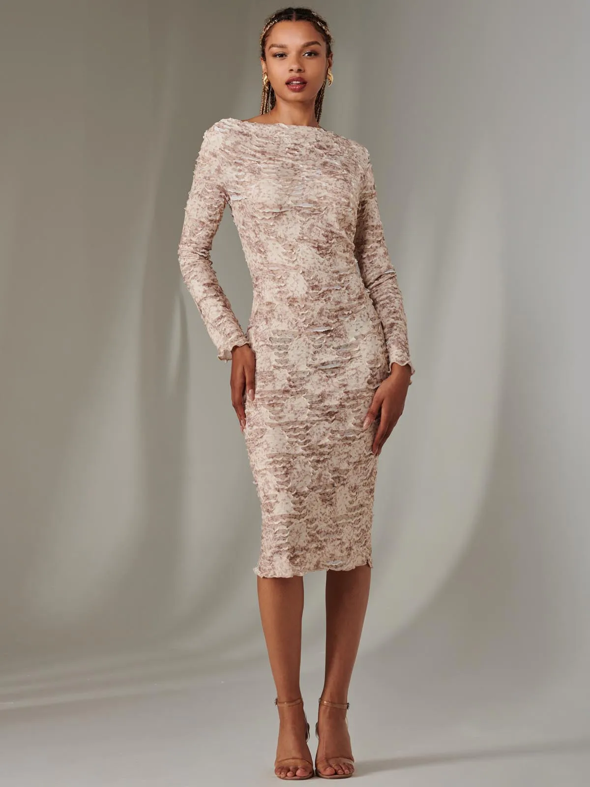 Long Sleeve Textured Midi Dress, Beige Abstract