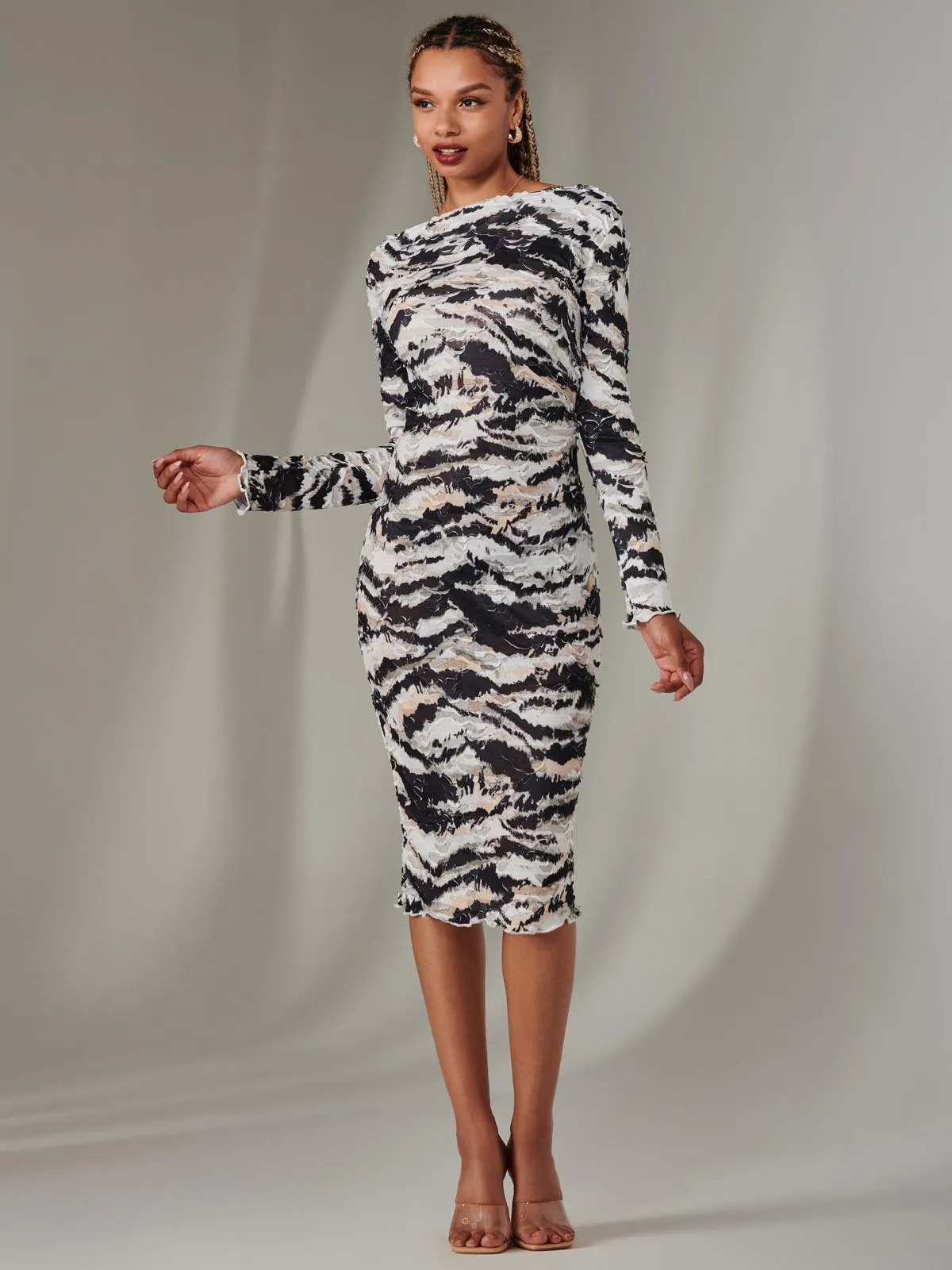 Long Sleeve Textured Midi Dress, Black Abstract