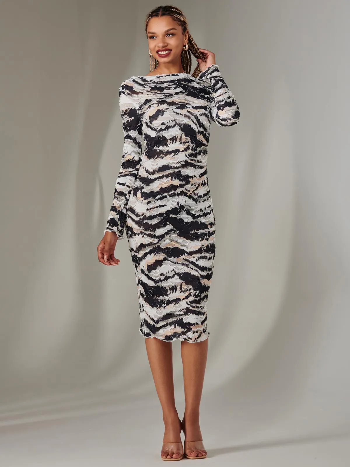 Long Sleeve Textured Midi Dress, Black Abstract