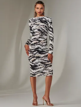 Long Sleeve Textured Midi Dress, Black Abstract