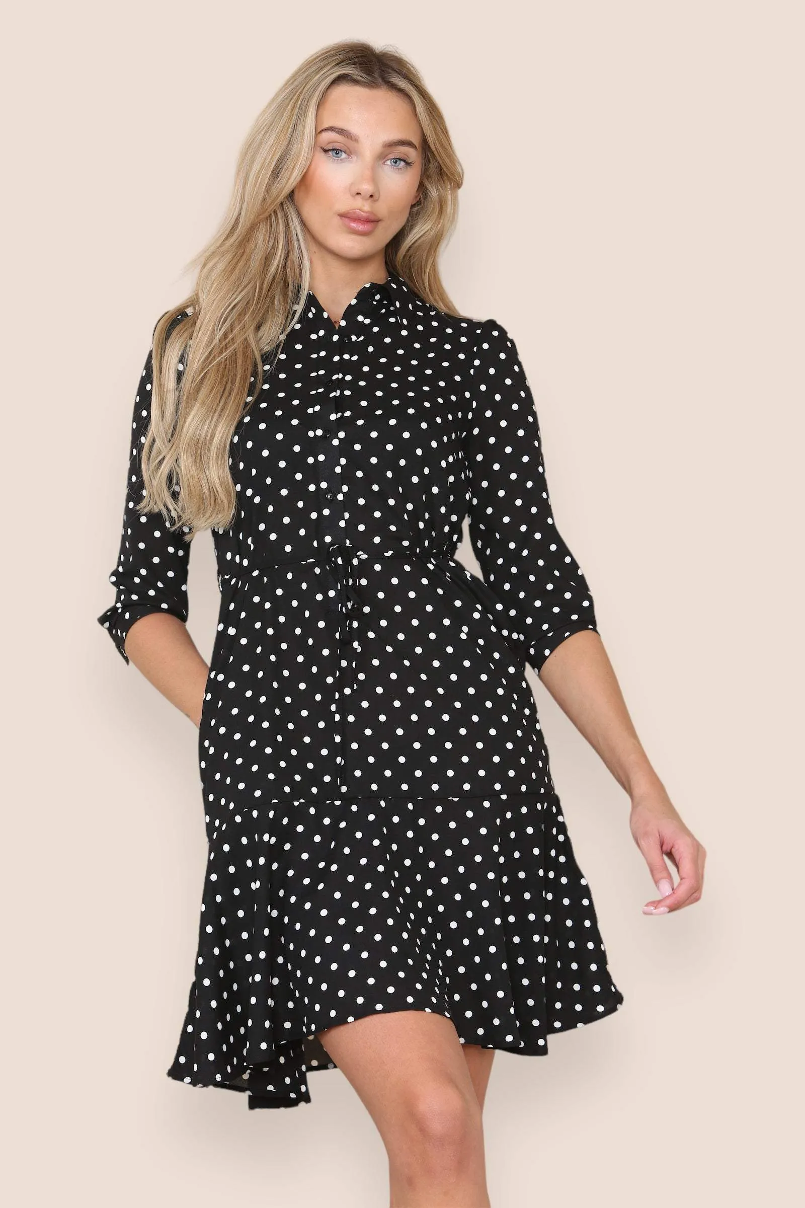 LOVE SUNSHINE Black Polka Dot Frilled Hem Mini Dress