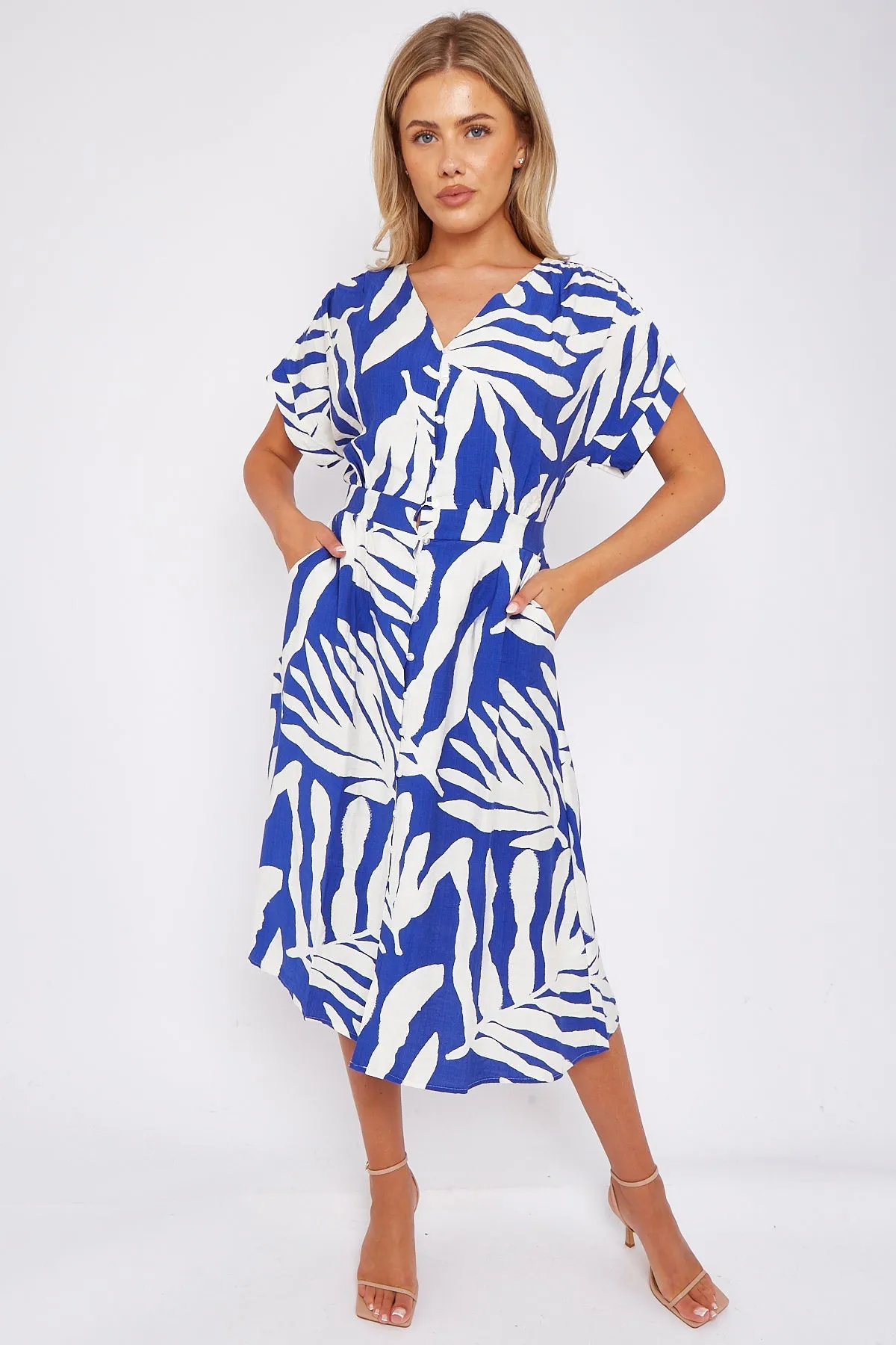 LOVE SUNSHINE Blue Leaf Print Short Sleeve V Neck Midi Dress