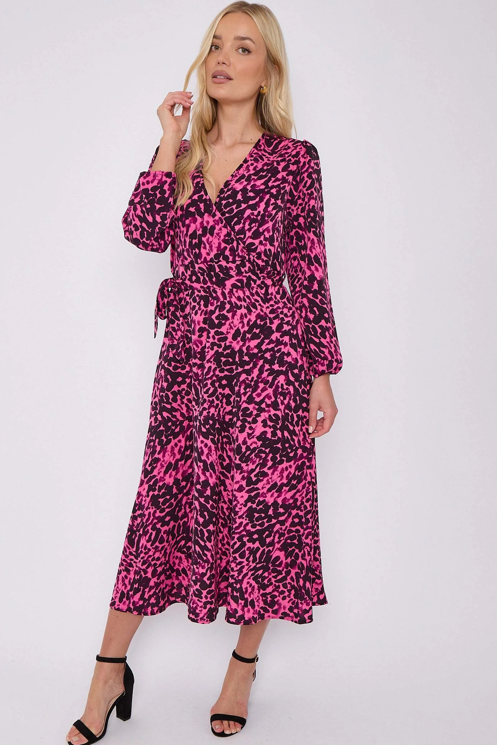 LOVE SUNSHINE Fuchsia Leopard Printed V Neck Midi Dress