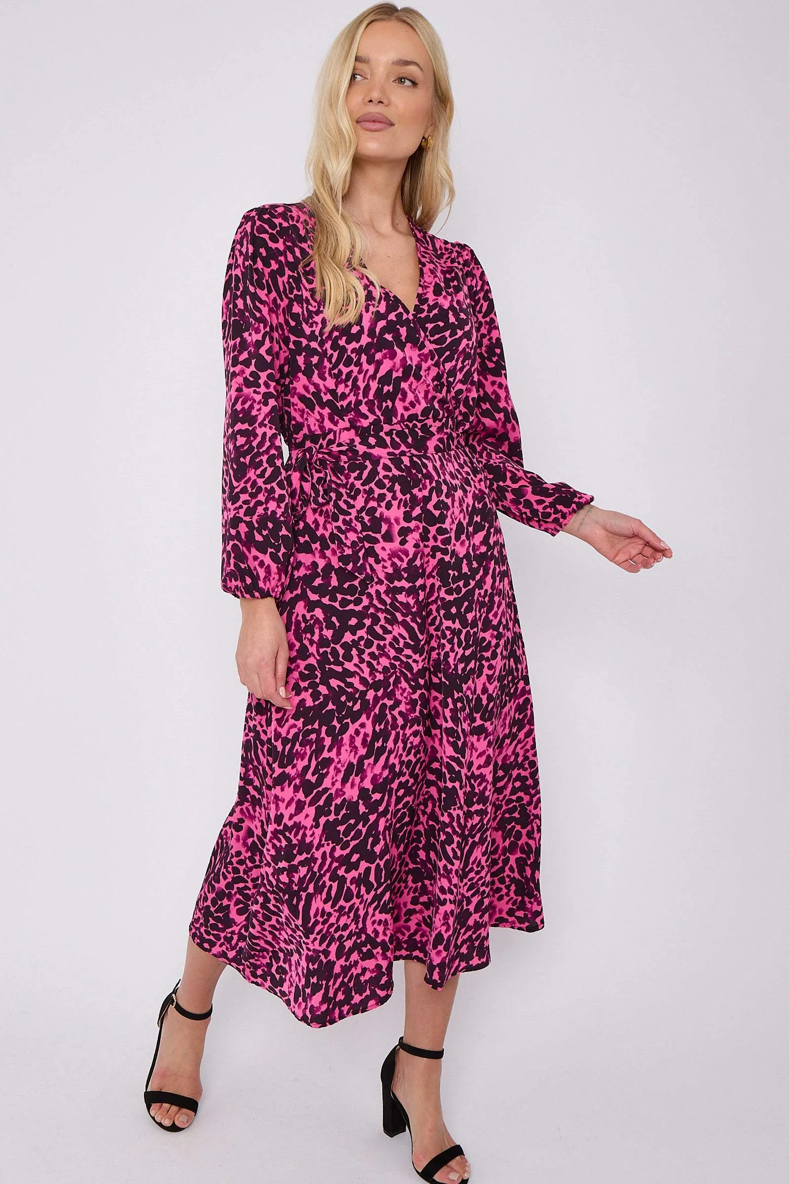 LOVE SUNSHINE Fuchsia Leopard Printed V Neck Midi Dress