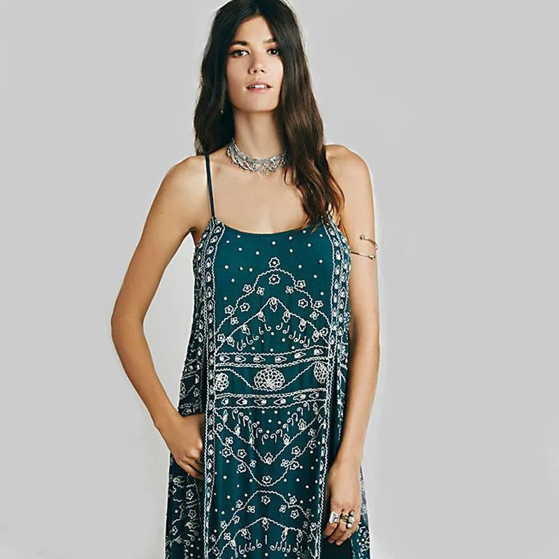 New Spaghetti Strap Embroidered Split Midi Dress