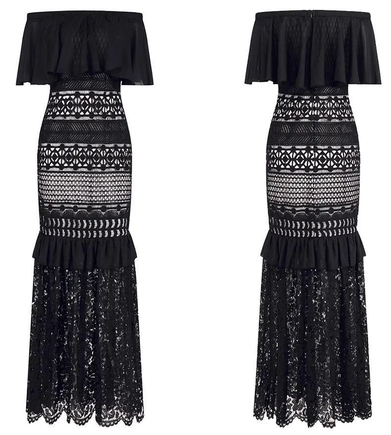 Off Shoulder Bohemian Hip Irregular Dress Lace Stitching Maxi Dress