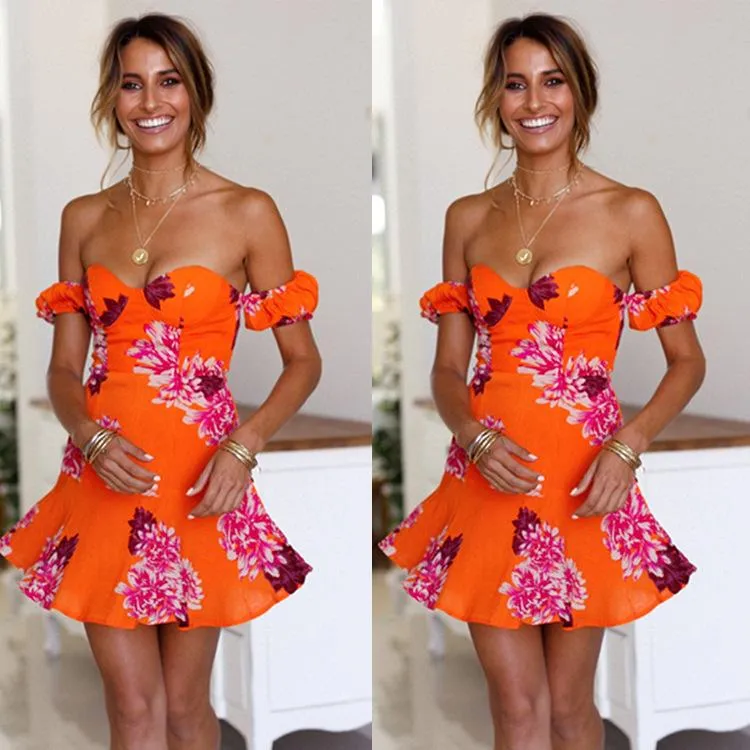 Orange Wrapped Floral Off-Shoulder Mini Dress