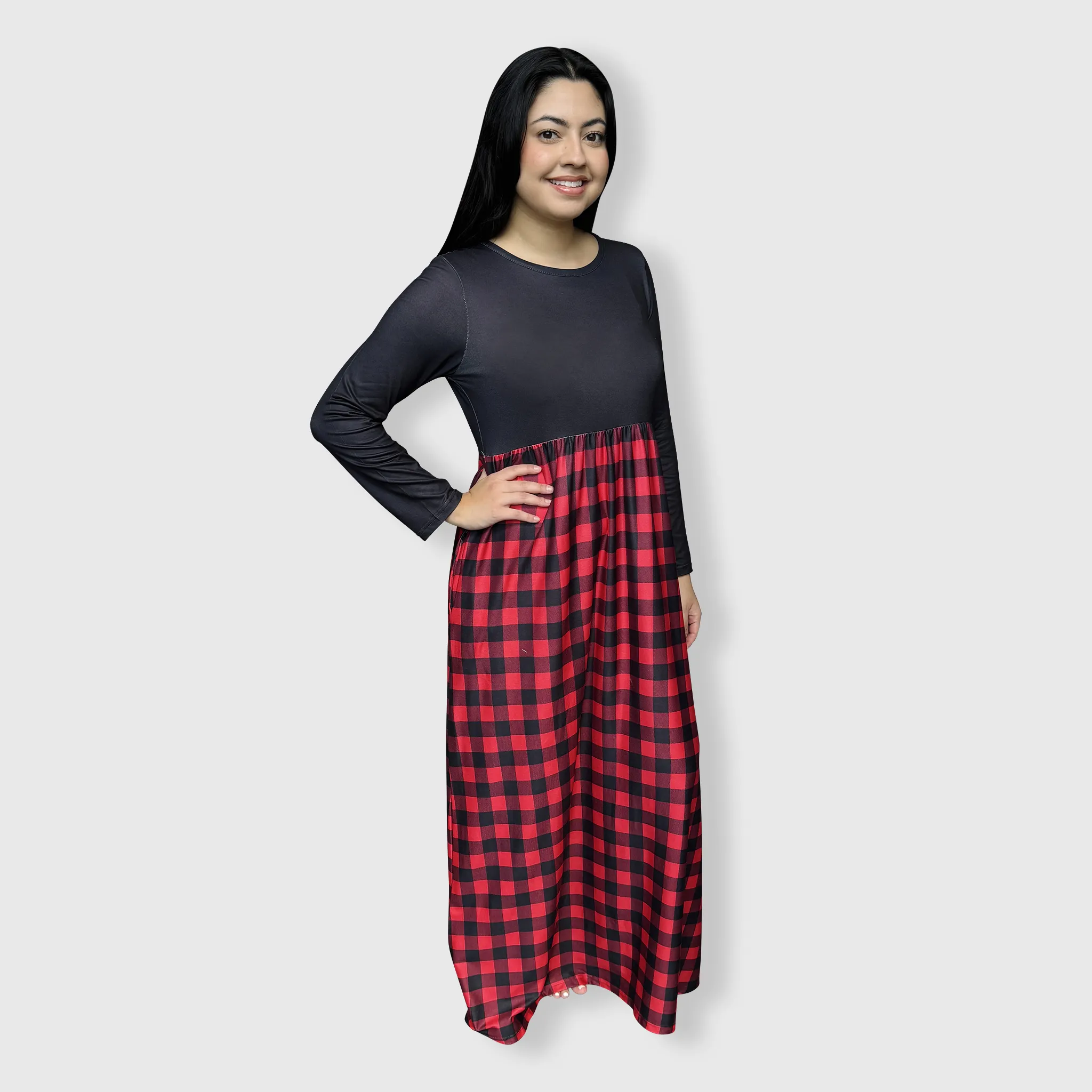 Plaid Red Black Long Sleeve Maxi Dress Women