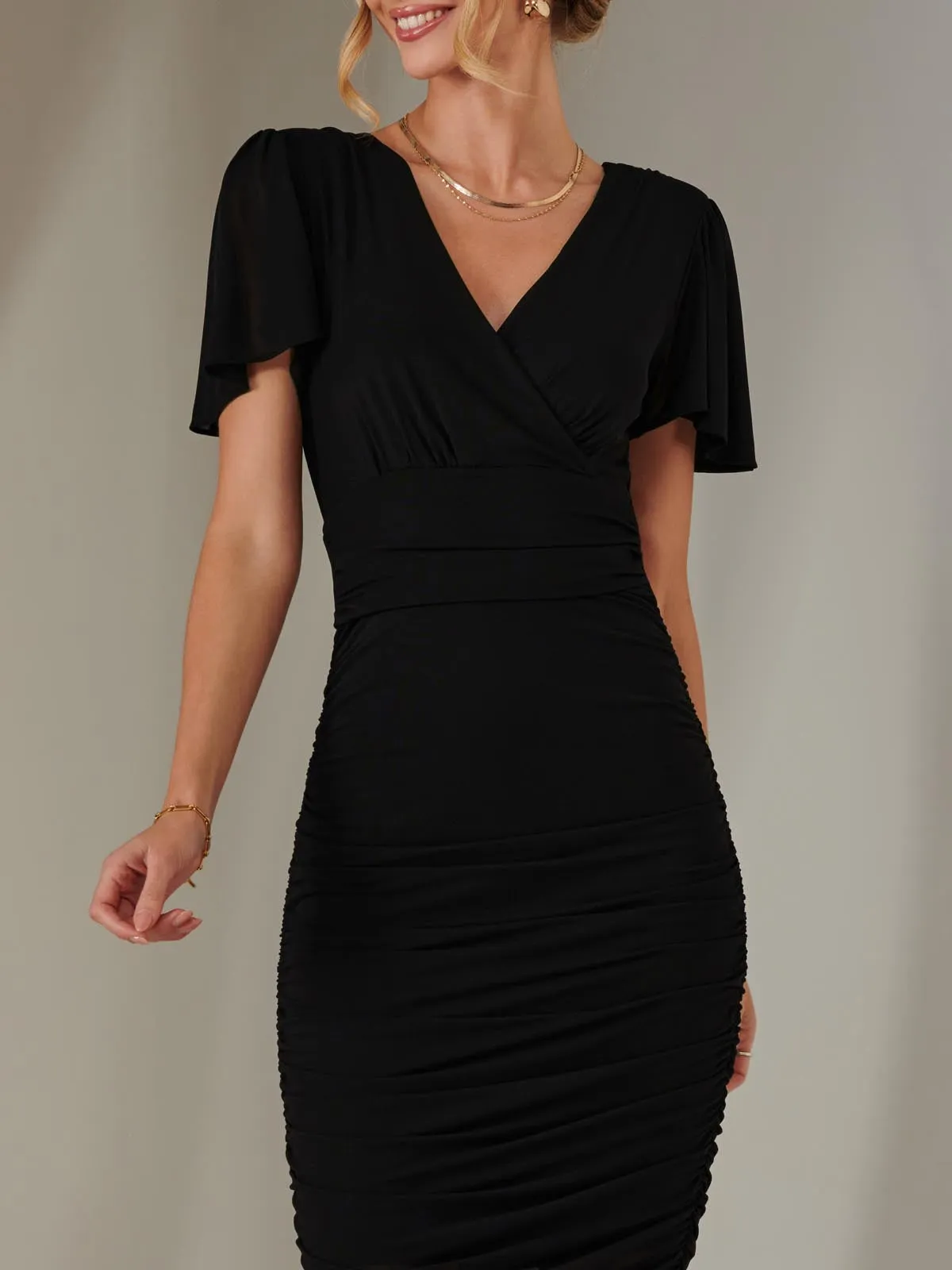 Plain Angel Sleeve Ruched Bodycon Dress, Black