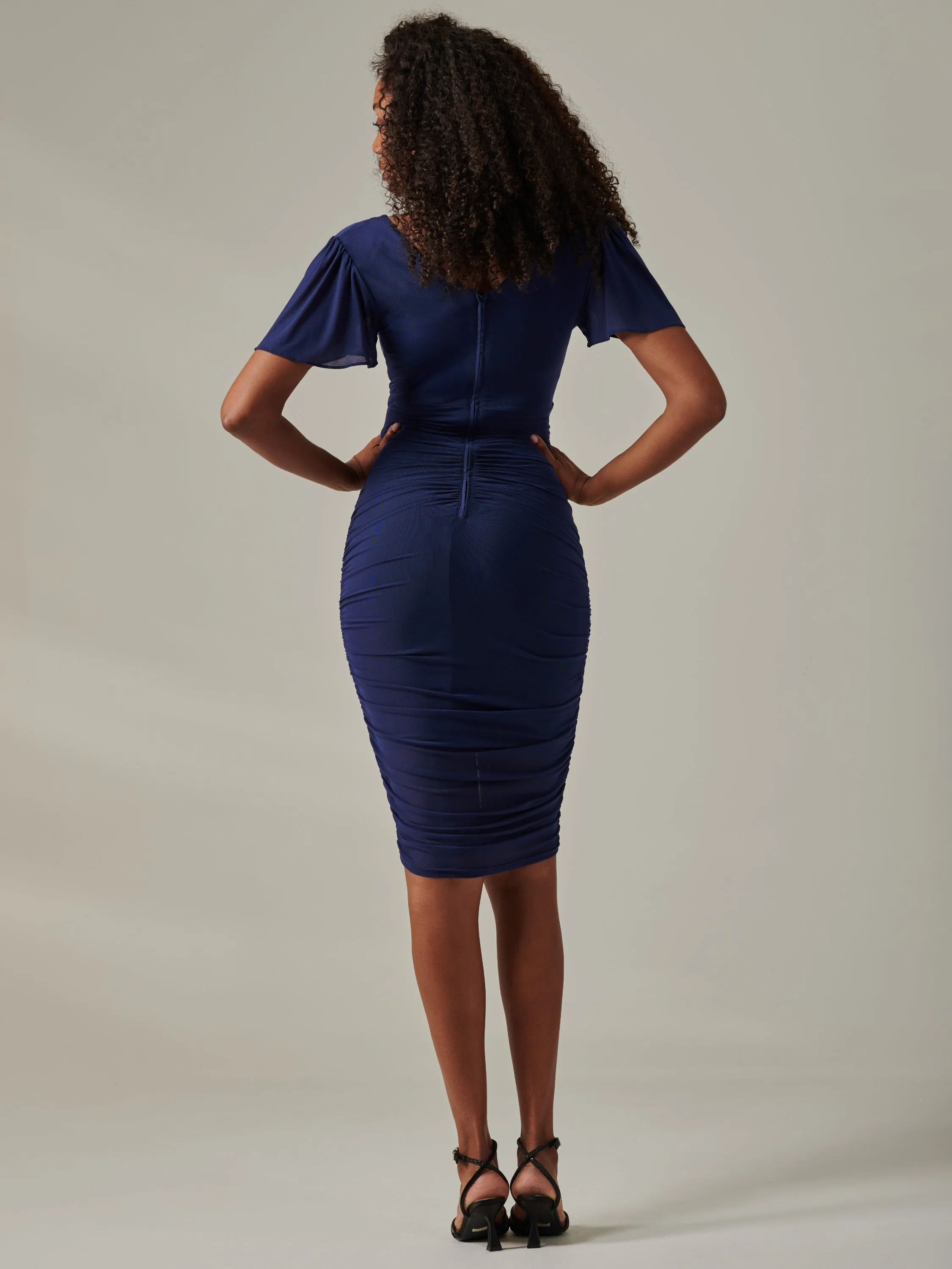 Plain Angel Sleeve Ruched Bodycon Dress, Navy