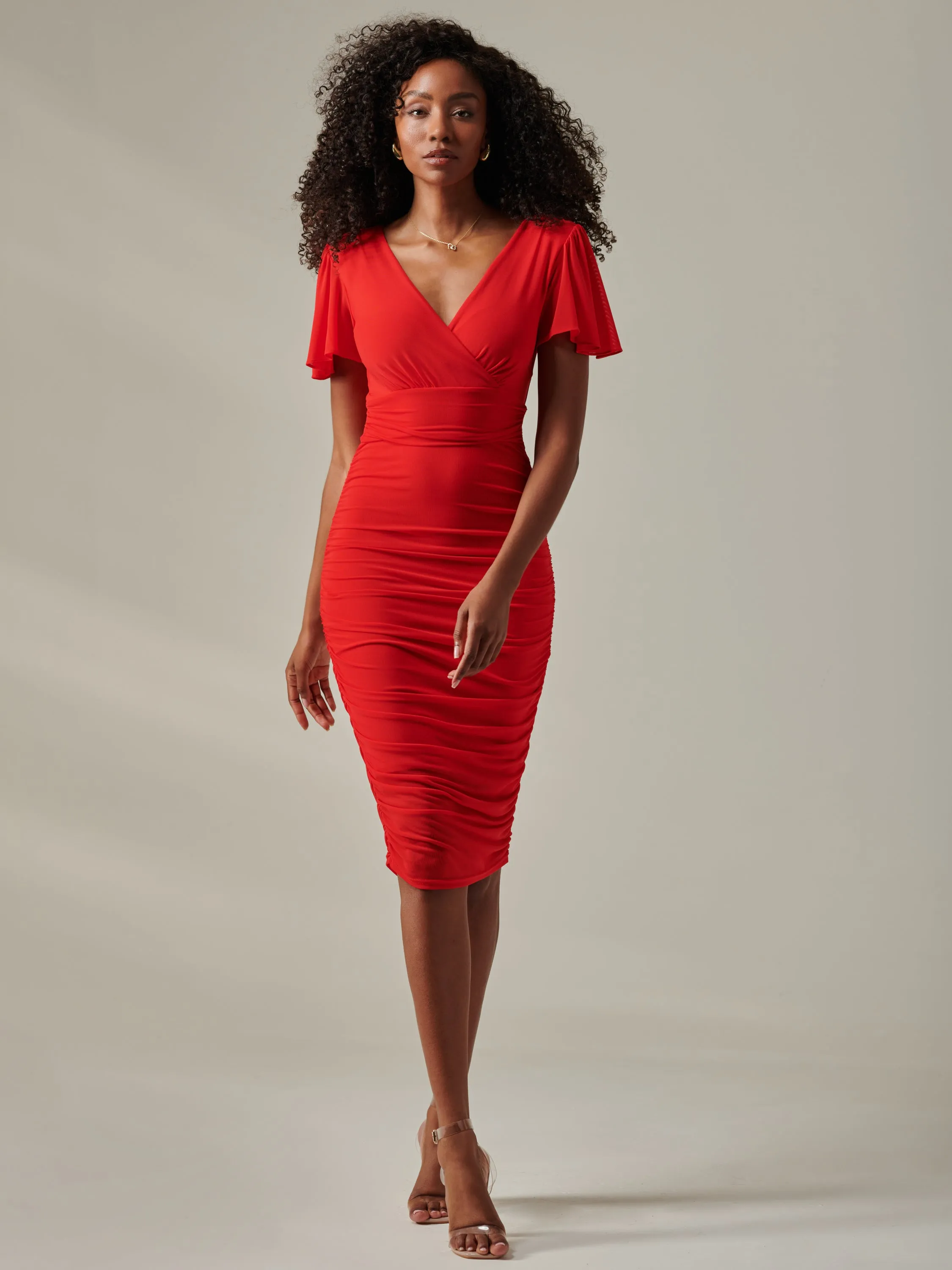 Plain Angel Sleeve Ruched Bodycon Dress, Red