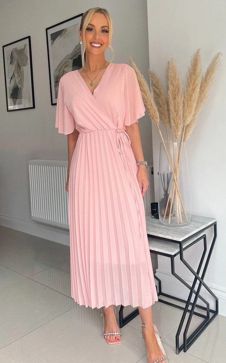 Pleated Wrap Front  Maxi Dress